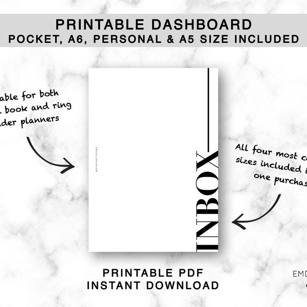 Inbox – simple printable dashboard for pocket planner, a6 planner, personal planner and a5 planner, planner dashboard for bound and rings