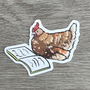 May include: A brown and white speckled chicken with a red comb is reading a book with yellow pages. The book is open and the pages have black lines on them.
