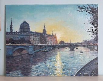 París, Pont Notre Dame y Palacio de la Concergerie, Francia, pintura al óleo
