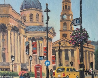 May include: A painting of a city street scene with a yellow taxi cab, a red telephone booth, and a tall church building in the background.