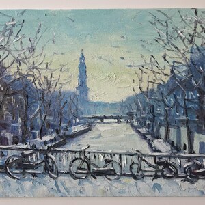 Amsterdam canals snow, oil on canvas