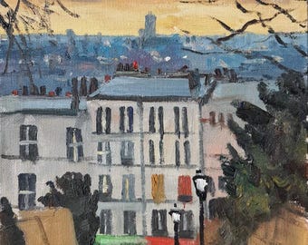 View of Paris from Montmartre steps, France, oil painting
