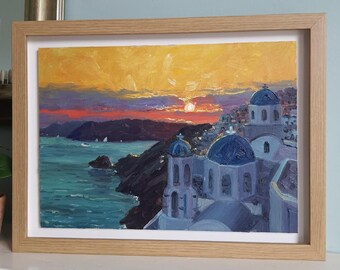 サントリーニ島の夕日の油絵：ギリシャの島の海景キャンバスアート