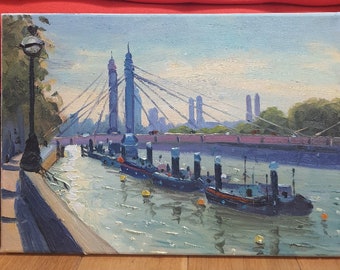 London Albert bridge and the Thames, oil painting