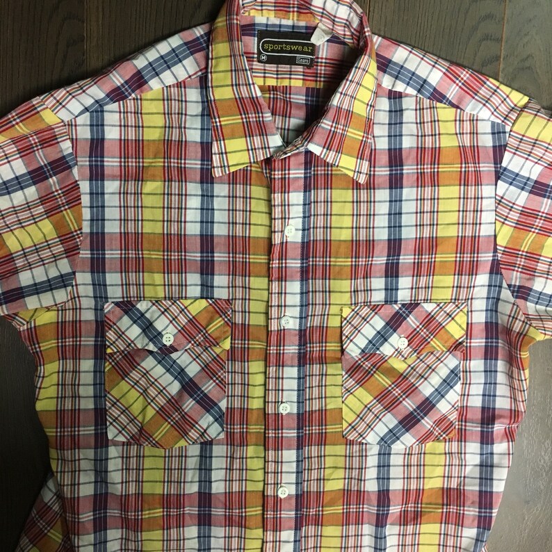 1980s Vintage Short Sleeve Plaid Button Down Dress Shirt made by Sears Sportswear