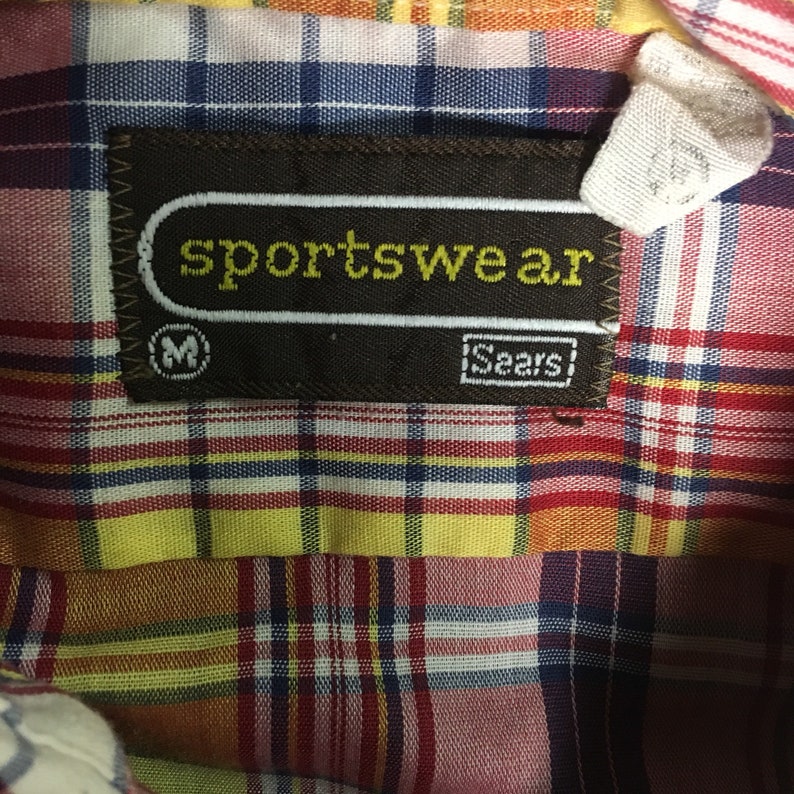 1980s Vintage Short Sleeve Plaid Button Down Dress Shirt made by Sears Sportswear