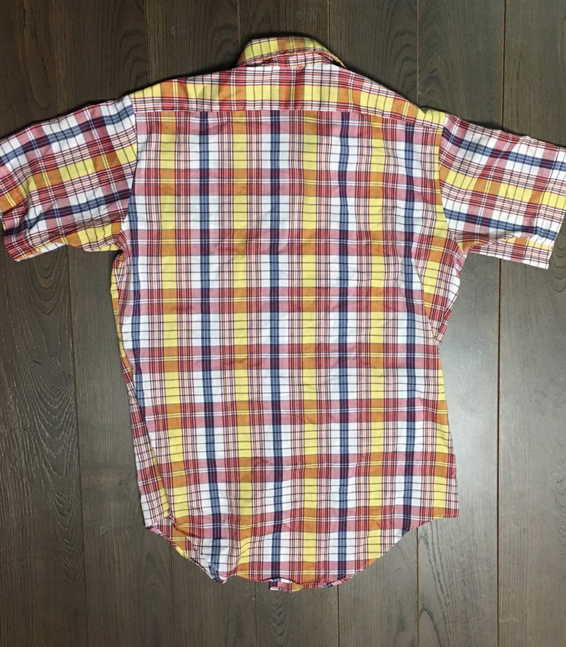 1980s Vintage Short Sleeve Plaid Button Down Dress Shirt made by Sears Sportswear