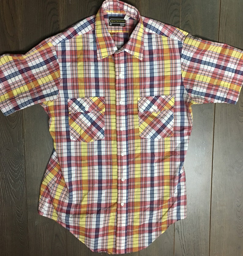 1980s Vintage Short Sleeve Plaid Button Down Dress Shirt made by Sears Sportswear