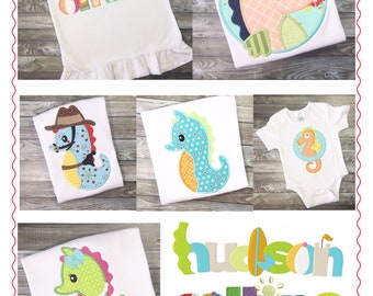 Applique and Embroidery Originals Digital Design - Beach Seahorse Ocean Applique Design and Font Set Applique Design, instant download