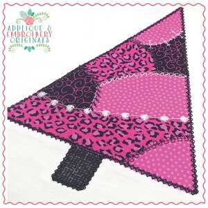 May include: A pink and black patchwork Christmas tree applique with a leopard print design. The tree is decorated with white pom-poms and has a black and grey trunk.
