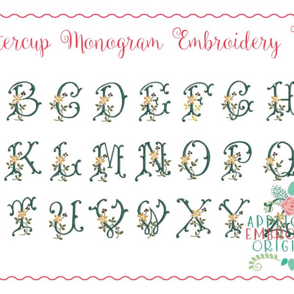 Applique and Embroidery Originals Digital Design- 272 Buttercup Floral Monogram Embroidery Font Design for embroidery machine bx pes dst jef