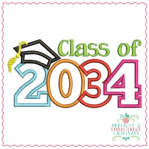 May include: Class of 2034 graduation design with a graduation cap, the numbers 2034 in different colors, and the text "Class of" in green.