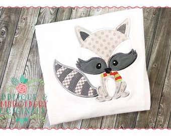 Applique and Embroidery Originals Digital Design -- 149 Raccoon Scarf Boy Applique Design for Christmas, instant download