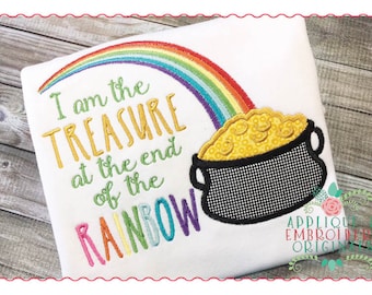 Applique and Embroidery Originals Digital Design -204 Treasure at End of Rainbow Pot Gold St Patrick's Day Applique Design, instant download