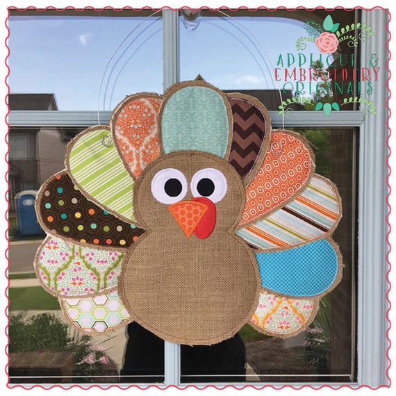 Applique and Embroidery Originals Digital Design - 491 Thanksgiving Fall Turkey Door Hanger In-The-Hoop with PDF tutorial Applique Design