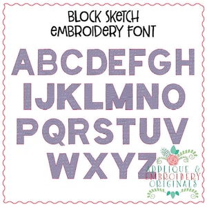 May include: Block Sketch Embroidery Font alphabet in purple with a pink outline. The letters are uppercase and are arranged in three rows. The font is a blocky, sans-serif font. The image includes the text "Block Sketch Embroidery Font" at the top.
