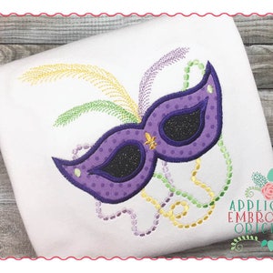 アップリケと刺繍のオリジナルデジタルデザイン - 195 マルディグラマスクとビーズニューオーリンズのモバイルアップリケデザイン、即時ダウンロード