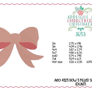 May include: A digital embroidery design featuring a bow in shades of pink and red. The design includes size and stitch count information. The text "APPLIQUE & EMBROIDERY ORIGINALS" and "SIZES" are also present.