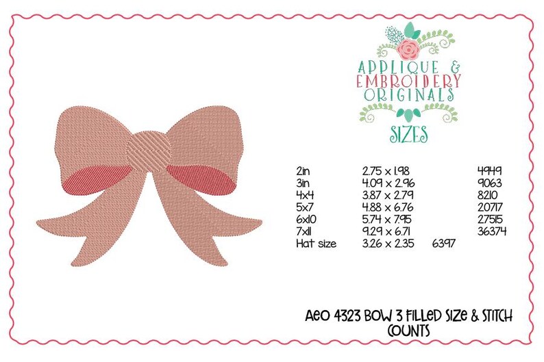 May include: A digital embroidery design featuring a bow in shades of pink and red. The design includes size and stitch count information. The text "APPLIQUE & EMBROIDERY ORIGINALS" and "SIZES" are also present.