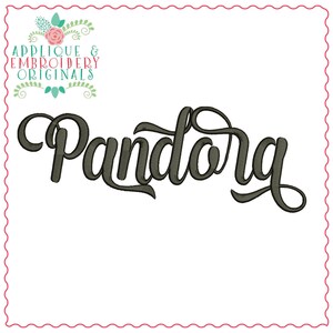 May include: Embroidered design of the word "Pandora" in a stylized script font. The design is in a dark gray color and is suitable for embroidery projects.