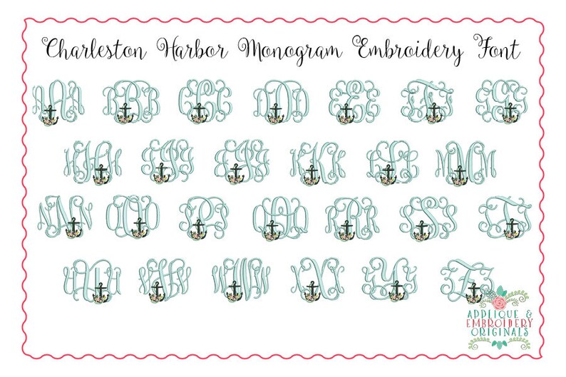 May include: A chart of 26 monogram letters with an anchor design. Each letter is in a light blue color with a black anchor in the center. The letters are in alphabetical order from A to Z. The text "Charleston Harbor Monogram Embroidery Font" is at the top of the chart.