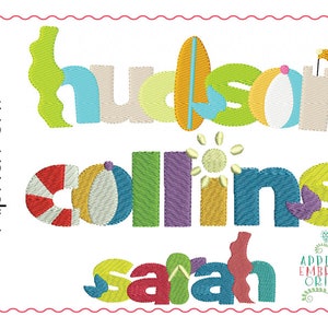 May include: Beach Itty Bitty Alpha Font embroidery design featuring the names Hudson, Collins, and Sarah in a colorful, playful font with beach-themed elements like surfboards, beach balls, and a sun.