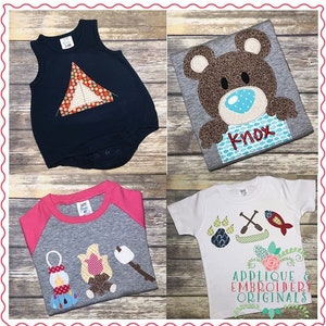 May include: A collection of children's apparel featuring camping and outdoor themes. Includes a navy blue romper with a tent applique, a gray t-shirt with a bear, a gray and pink raglan shirt with a campfire, and a white t-shirt with camping graphics.