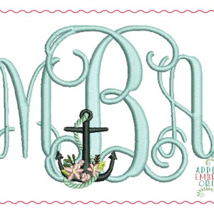 May include: A monogram with the letters "M B A" in a light blue cursive font. An anchor with a rope and flowers is centered between the letters.