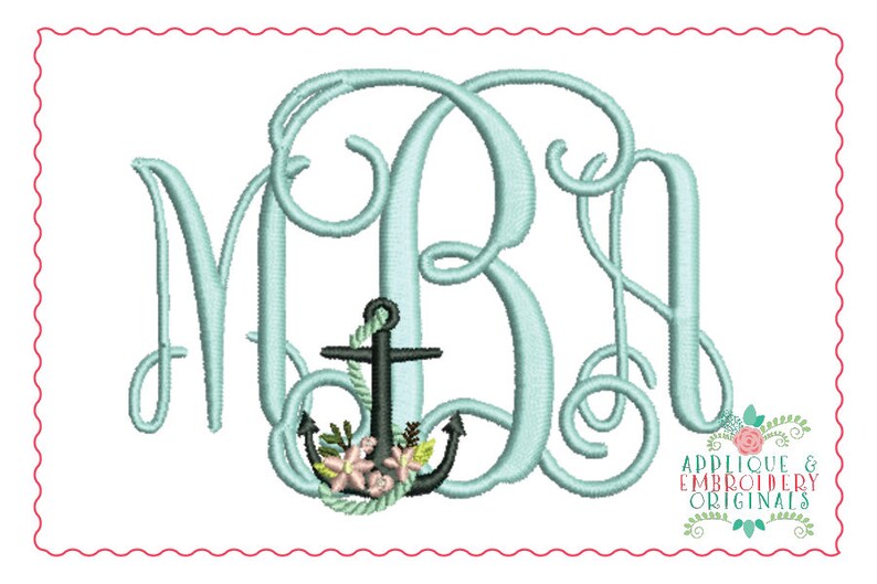 May include: A monogram with the letters "M B A" in a light blue cursive font. An anchor with a rope and flowers is centered between the letters.