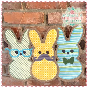 Applique & Embroidery Originals Digital Design - 1487 Marshmallow Bunny Boy Trio Door Hanger In-The-Hoop with PDF tutorial Applique Design