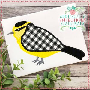 May include: Applique and Embroidery Originals logo with a black and white checkered bird with a yellow belly and gray feet.