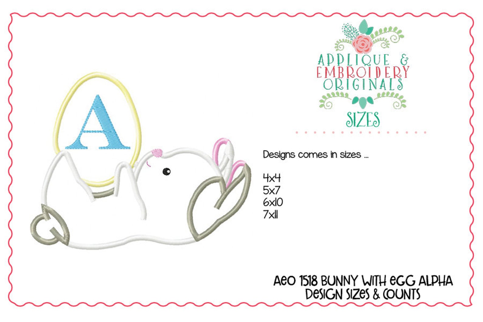 Applique and Embroidery Originals Digital Design - 1518 Bunny With Egg ...