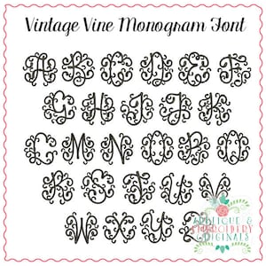 May include: Vintage vine monogram font alphabet in black. Letters A through Z are shown in a decorative, cursive style with swirls and flourishes.