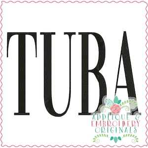 May include: Black and white embroidery design of the name "TURA" with a floral design below. The text "Applique & Embroidery Originals" is below the floral design.