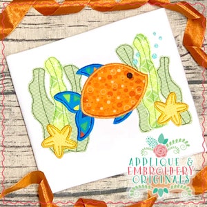 May include: An orange fish with blue and green fins is swimming in a green seaweed patch. Two yellow starfish are on either side of the fish. The image is on a white background.