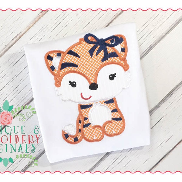 Tiger Mascot Girl Embroidery Design – Applique with Bow (Digital Download)