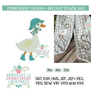 May include: An embroidery design featuring a white goose wearing a teal houndstooth hat and matching boots, with an orange beak. The text reads EMBROIDERY DESIGN INSTANT DOWNLOAD and APPLIQUE & EMBROIDERY ORIGINALS. Includes 3in, 4in, 5in sizes.
