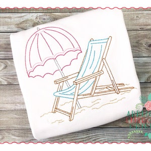 May include: Embroidered design of a beach chair with a pink and white striped umbrella on a white background.
