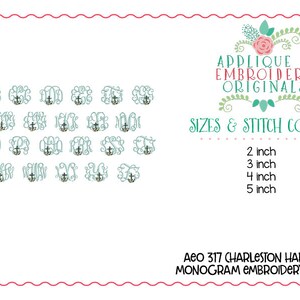 May include: A chart showing a variety of monogram embroidery designs with an anchor motif. The chart includes sizes from 2 to 5 inches. The text "AEO 317 CHARLESTON HARBOR MONOGRAM EMBROIDERY FONT" is at the bottom of the chart.