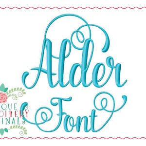 May include: A turquoise blue cursive font called "Alder Font" with a floral design in the bottom left corner. The floral design includes a pink rose and green leaves.