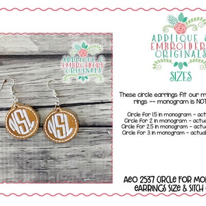 May include: A pair of brown leather circle earrings with white embroidery. The earrings are 1 inch, 1.31 inches, 1.64 inches, and 2.02 inches in diameter. The text "Aeo 2537 Circle for Monogram Earrings Size & Stitch Count" is at the bottom of the image.