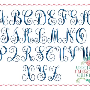 May include: A blue alphabet with a cursive font style. The letters are decorated with swirls and curls. The text "Applique & Embroidery Originals" is at the bottom of the image.