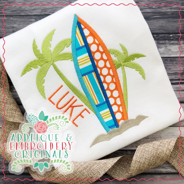 Applique and Embroidery Originals Digital Design 1820 Tropical Surfboard Applique Design Ocean Surf Beach Summer Vacationinstant téléchargement