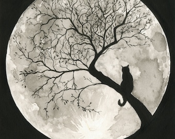 Cat painting and Moon art | Watercolour Ink Giclée print ,.Feline Celestial Wall Art.