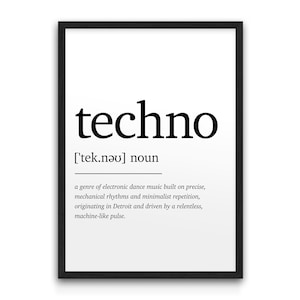 Póster con definiciones del diccionario de música techno – Impresión giclée (A4–A1) – Música electrónica de baile / Inspirado en Detroit