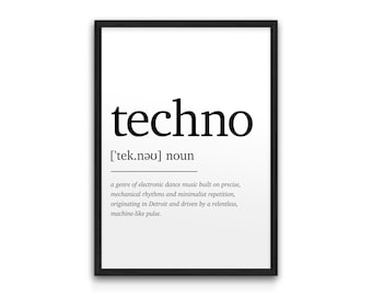 Techno Music Dictionary Definition Poster – Giclée Print (A4–A1) – Electronic Dance Music / Detroit-Inspired