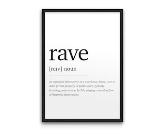Rave Dictionary Definition Art Print – Minimalist Poster for DJs and Music Lovers