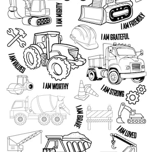 Peut inclure: Illustration en noir et blanc de véhicules et d'outils de construction avec des affirmations positives. Les affirmations incluent "Je suis puissant", "Je suis précieux", "Je suis amical", "Je suis reconnaissant", "Je suis digne", "Je suis gentil", "Je suis fort", "Je suis courageux", "Je suis aimé", et "Je suis respecté".