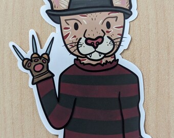 Fearsome Freddy Krueger "Cougar" Cat Waterproof Sticker – Unique Horror-Themed Cartoon Decal for Horror Fans!