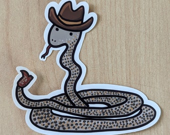 Western Rattlesnake Cowboy Waterproof Sticker - Quirky and Unique Decal, Illustrated Serpent with Brown Hat and Red Cowboy Boot Tail